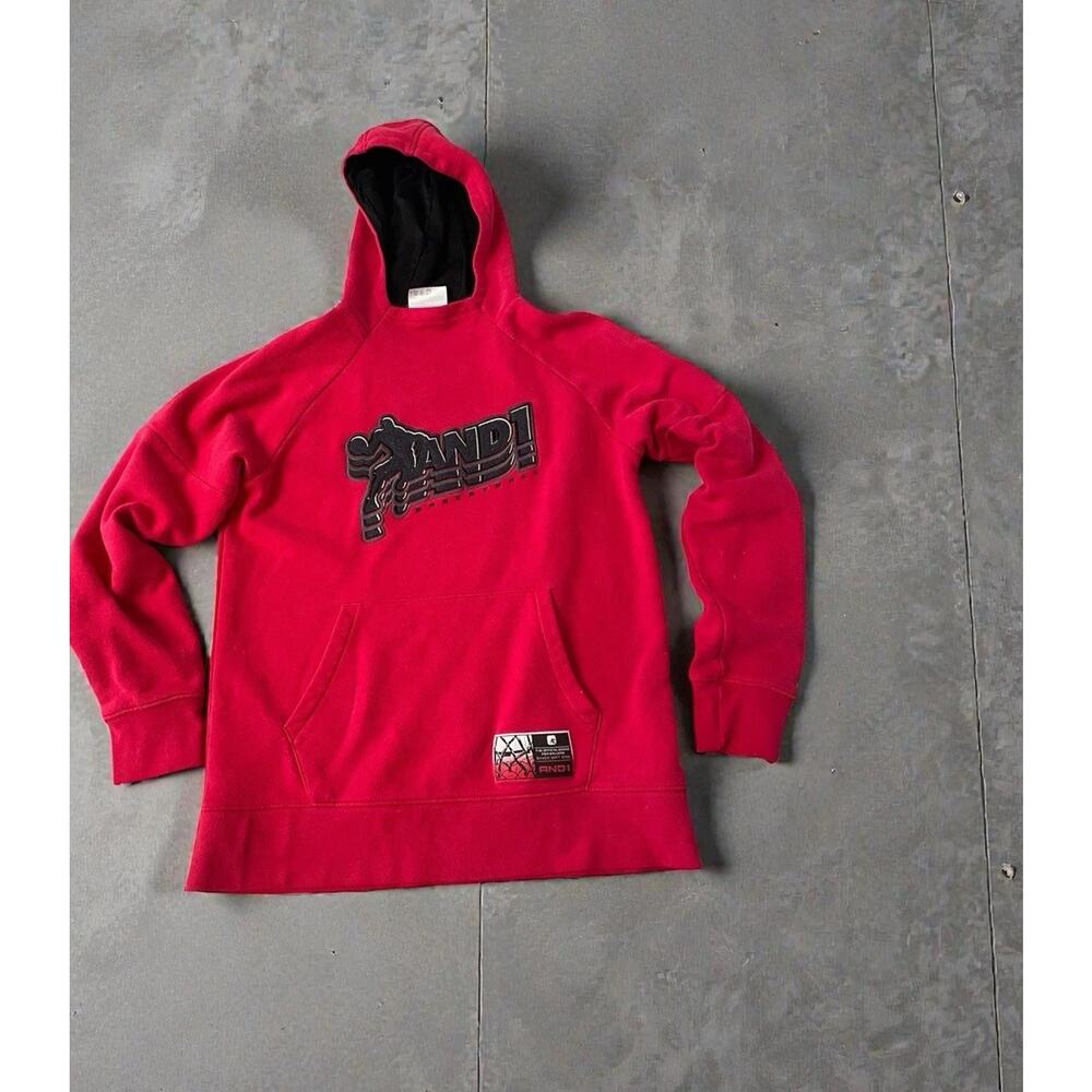 Y2K Style AND1 Red Fleece Hoodie Men's Size S Streetball Logo Athletic Pullover